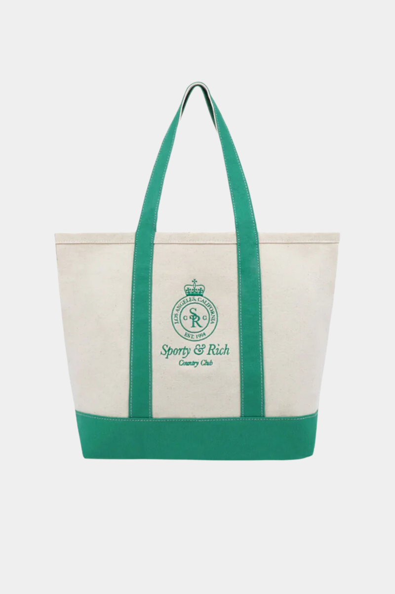 CROWN LOGO EMBROIDERED TWO TONE TOTE BAG NATURAL/VERDE