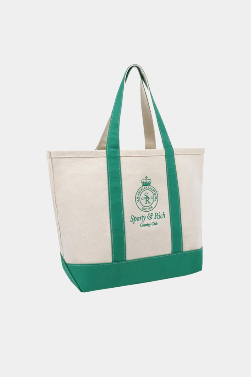 CROWN LOGO EMBROIDERED TWO TONE TOTE BAG NATURAL/VERDE