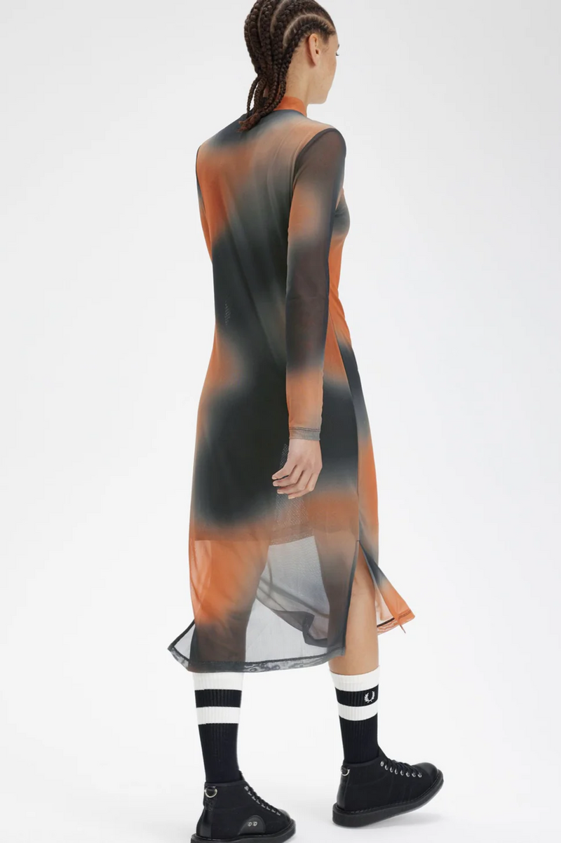 PRINTED MESH MOCK NECK DRESS