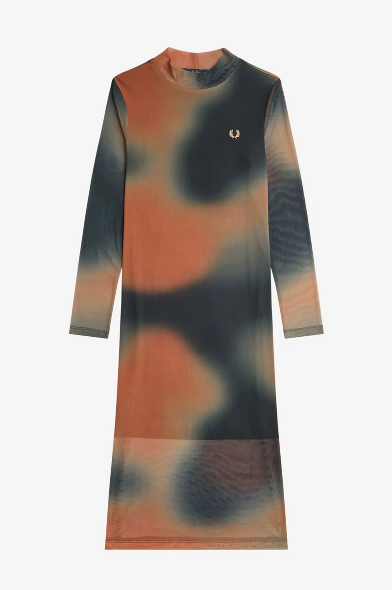 PRINTED MESH MOCK NECK DRESS